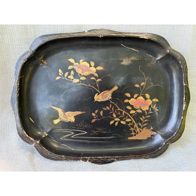 Mid-Century Modern Vintage Black Lacquer Chinoiserie Bird Tray For Sale - Image 3 of 15