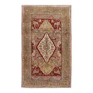 Antique Turkish Oushak Rug in Rich Burgundy, Olive Green, and Cream 5'1" X 9'2"