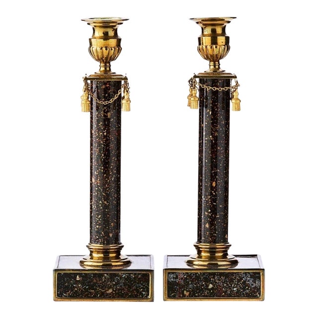 A Pair of Late Gustavian Faux Porphyry Reverse Glass Candlesticks, 19th Century For Sale