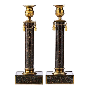 A Pair of Late Gustavian Faux Porphyry Reverse Glass Candlesticks, 19th Century