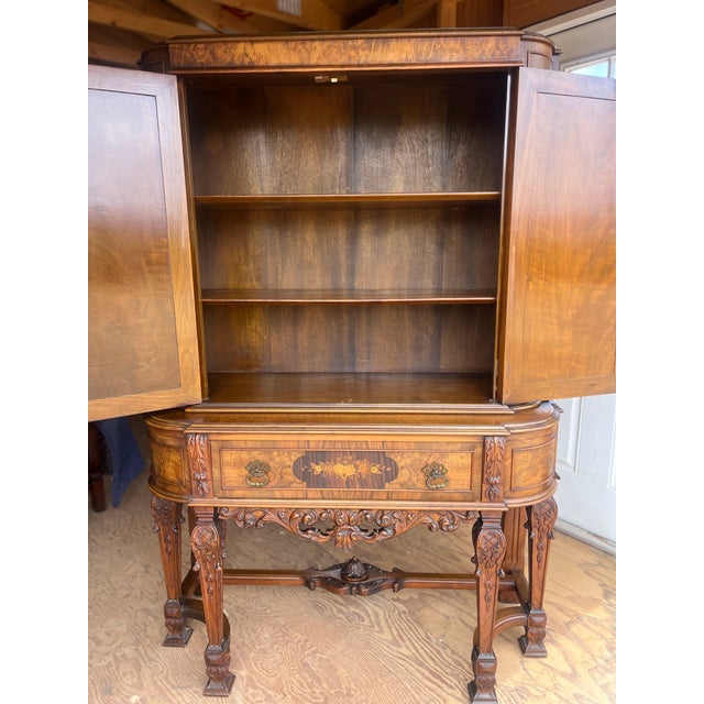 Spanish Revival Antique Walnut and Burlwood With Marquetry Hutch Circa 1930 For Sale - Image 3 of 8