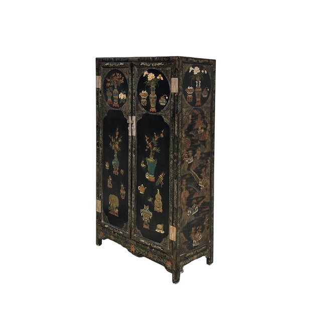 Asian Antique Vintage Oriental Black Lacquer Color Flower Vases Graphic Storage Cabinet For Sale - Image 3 of 11