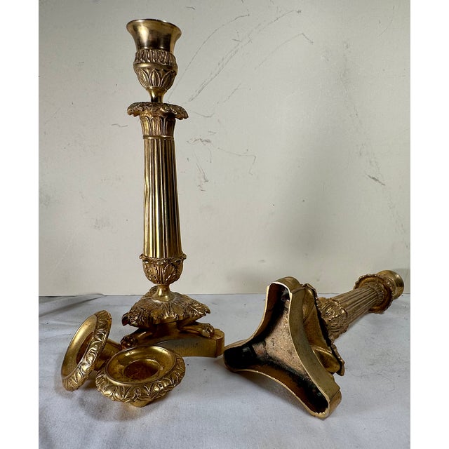 Antique Pair French Neoclassical Ormolu Bronze Candlesticks For Sale - Image 9 of 12