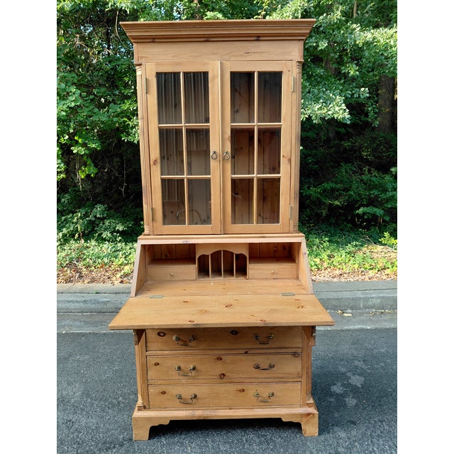 Farmhouse Vintage Country Pine Secretary Desk With Glass-Front Bookcase For Sale - Image 3 of 12