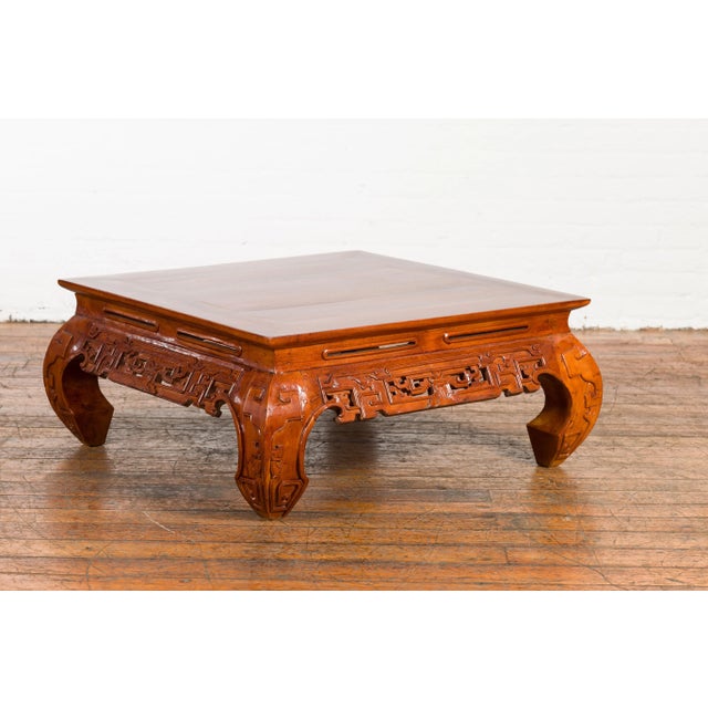 Vintage Chinese Style Low Kang Coffee Table with Carved Scrolls and Chow Legs For Sale - Image 4 of 12
