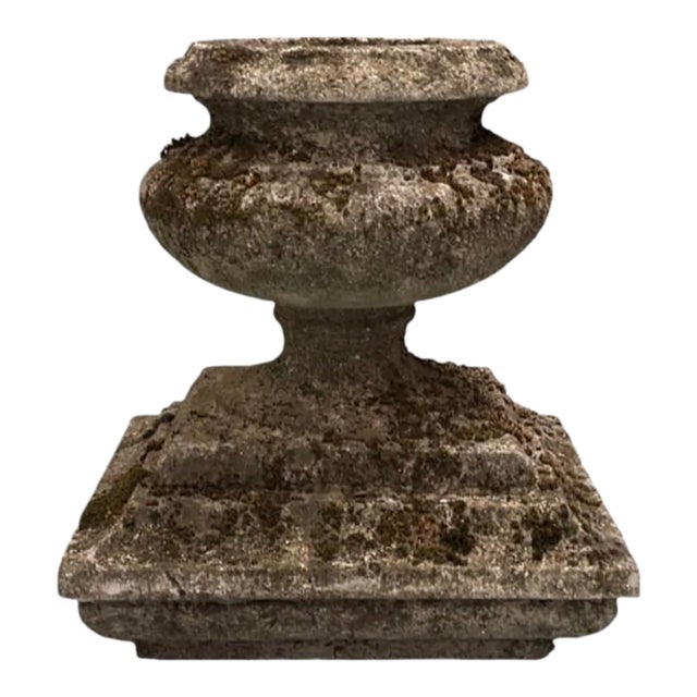 Vintage Weathered Cast Stone Garden Urn Planter on Stepped Square Pedestal Base For Sale