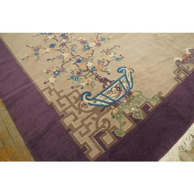 Textile 1920s Tan Sand Chinoiserie Antique Chinese Art Deco Carpet 9'3'' X 11'8' Wool Knotted Rug For Sale - Image 7 of 9