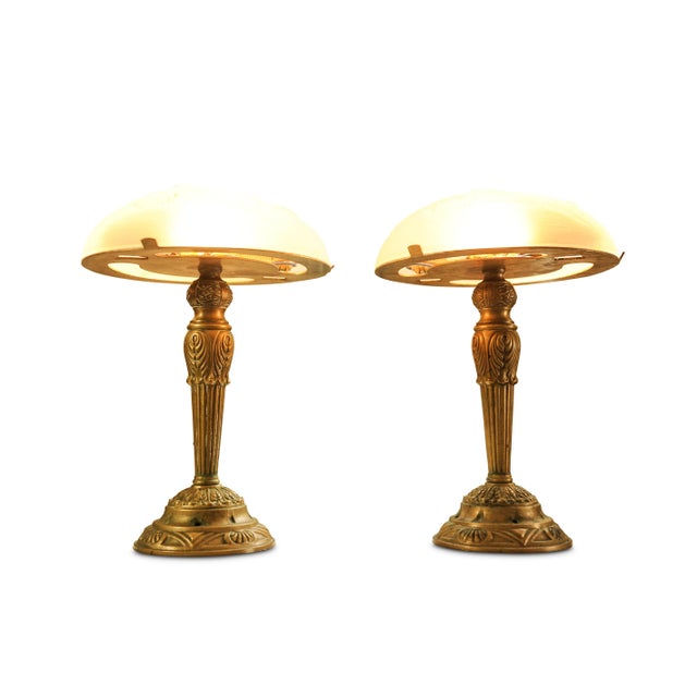 French Art Deco Frosted Glass and Brass Table Lamps, 1970s, Set of 2 For Sale - Image 11 of 14