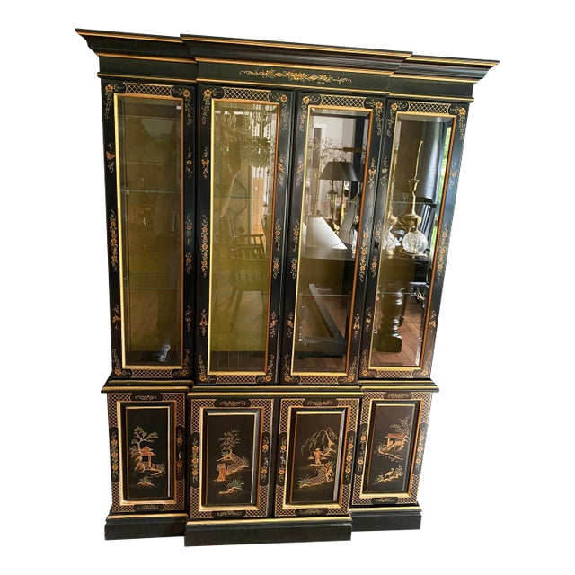 Ethan Allen Hand Painted Black Chinoiserie Asian China Display Cabinet For Sale