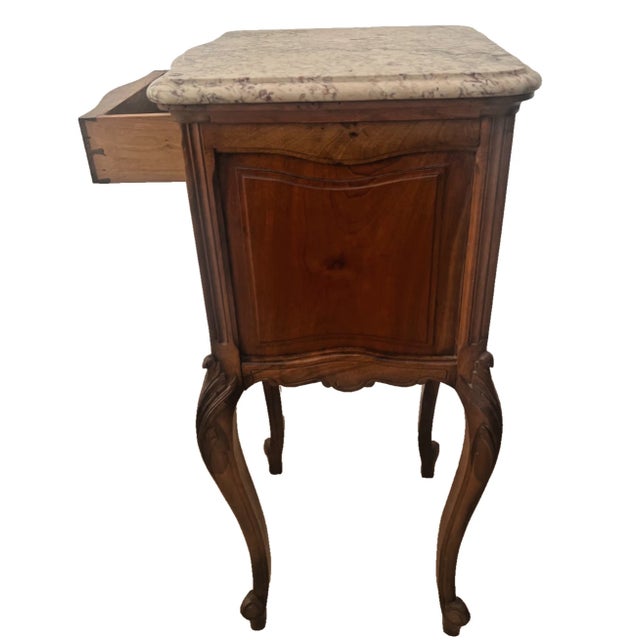 Antique French Nightstand Marble Top Commode Cabinet, Drawer, Carved Walnut For Sale - Image 4 of 12