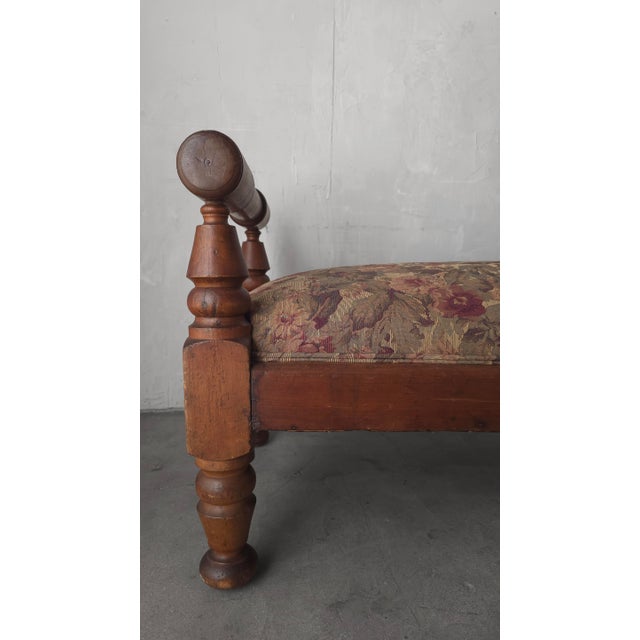 Brown Chhunky Antique French European Bench in Floral Tapestry For Sale - Image 8 of 10