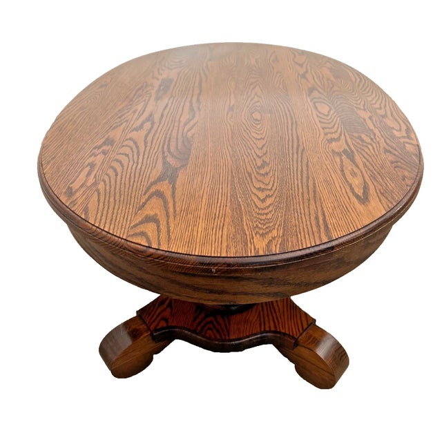 Vintage Oval Coffee Table Tiger Oak, Center Drawer, Shelf, Columns, Empire Style For Sale - Image 4 of 10