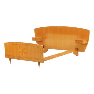 French Sycamore and Mahogany Full-Size Bed With Integrated Nightstands, C. 1950 For Sale