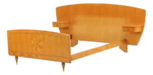 French Sycamore and Mahogany Full-Size Bed With Integrated Nightstands, C. 1950