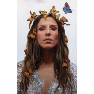 Rare by Shana Levenson | Oil on aluminum panel Portrait of a woman with butterflies in her hair. For Sale