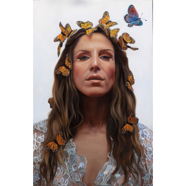 Rare by Shana Levenson | Oil on aluminum panel Portrait of a woman with butterflies in her hair. For Sale