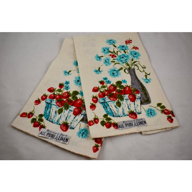 Mid Century Blue Cornflower Strawberry Printed Linen Tea Towels S 2 Chairish