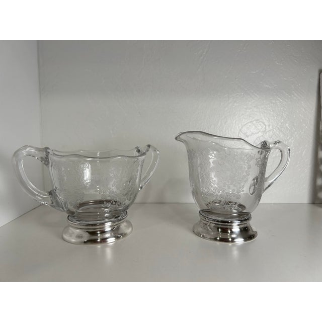 Traditional 1940s Creamer and Sugar Bowl Set by Duncan Miller - Pattern Adoration Etched Crystal W/Sterling Silver Bases For Sale - Image 3 of 4