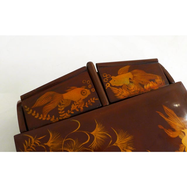 Large Mid-Century Asianf Lacquered Wood Jewelry Box with Fish, 1950s For Sale - Image 4 of 18