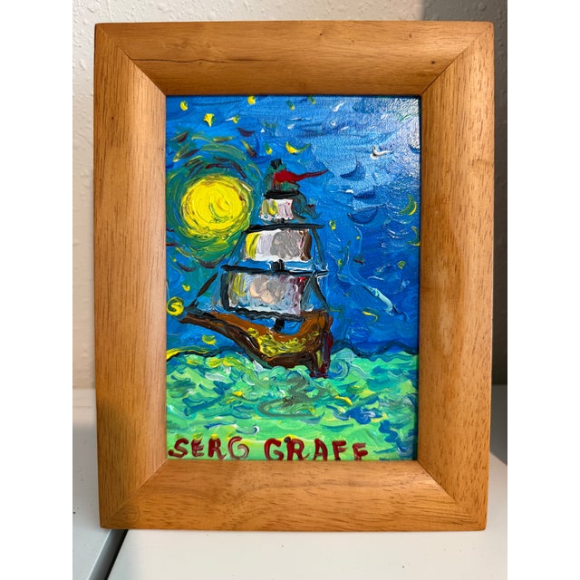 Blue Serg Graff "Luna Maris" Seascape Acrylic Painting Moonlit Ship Nautical Art For Sale - Image 8 of 9