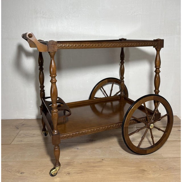 Brown Mid-Century Modern Spanish Wooden Bar Cart with Turned Legs and Bottle Holder, 1940 For Sale - Image 8 of 14