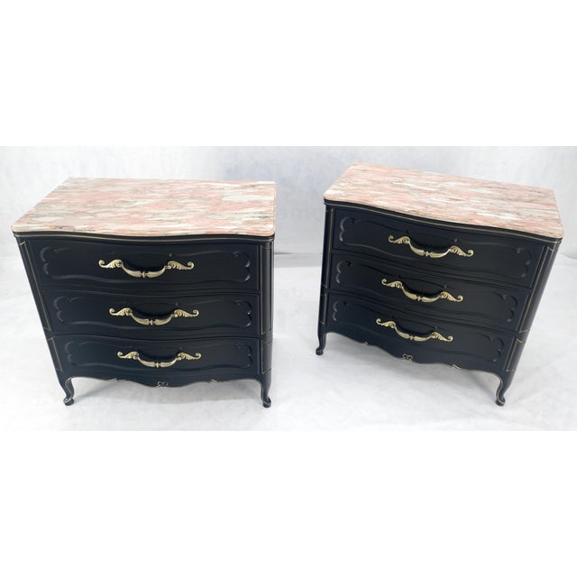 Black Lacquer Heavy Solid Brass Drop Pulls Three Drawer Bachelor Chests - A Pair For Sale - Image 6 of 12