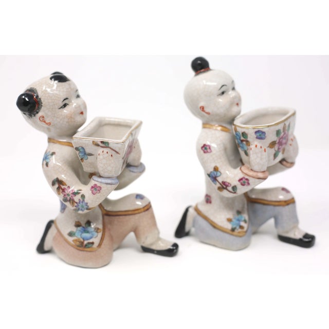 Ceramic Vintage Chinoiserie Ceramic Kneeling Boy and Girl Figures - Set of 2 For Sale - Image 7 of 12