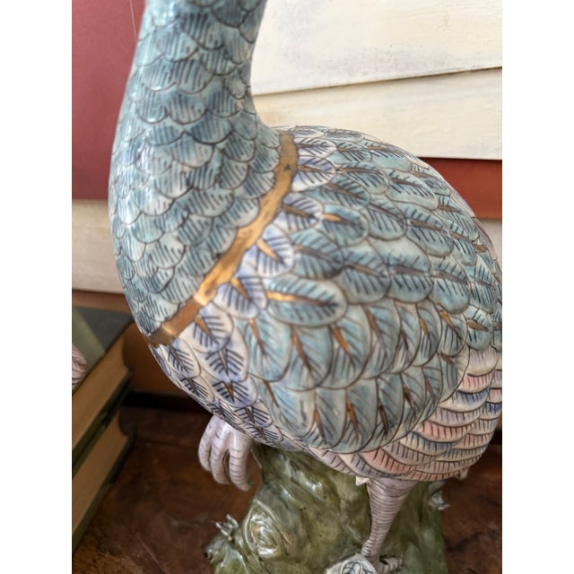 Pair of Oversized Vintage Asian Export Porcelain Peacock Figures Hand Painted Macau Large Ceramic Birds For Sale - Image 10 of 11