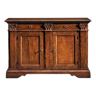 Handcrafted Italian Solid Walnut Sideboard With Antique Brass Hardware For Sale