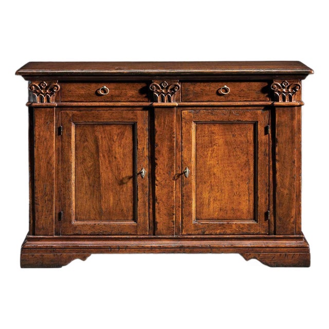 Handcrafted Italian Solid Walnut Sideboard With Antique Brass Hardware For Sale