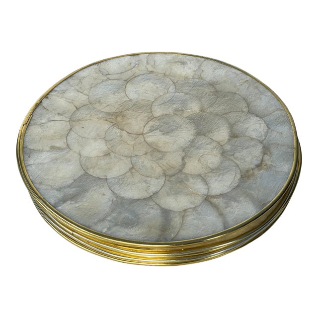Mid 20th Century Natural Capiz Shell and Cork Round Placemat Chargers With Brass Rims - Set of 6 For Sale
