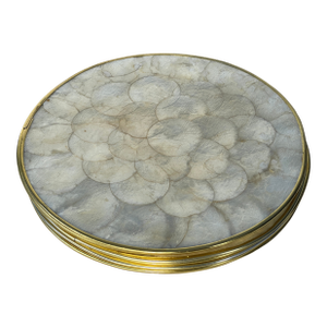 Mid 20th Century Natural Capiz Shell and Cork Round Placemat Chargers With Brass Rims - Set of 6