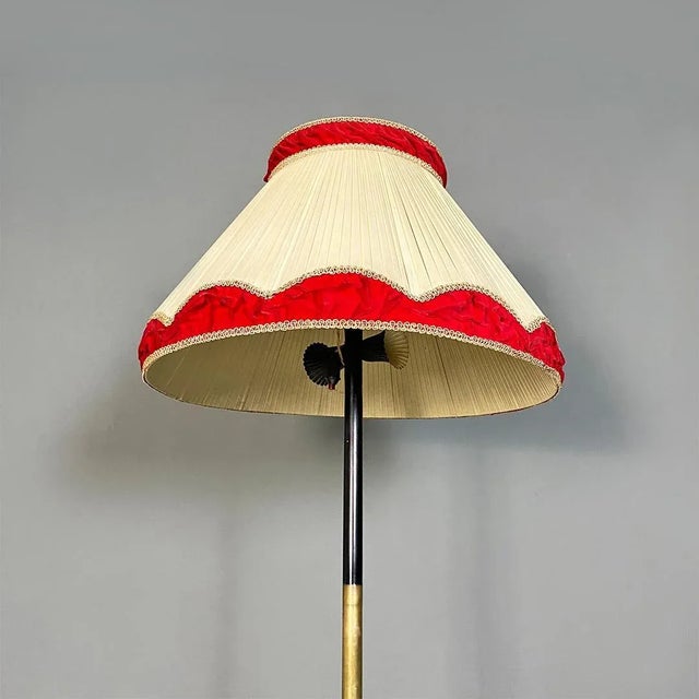 Beige Mid-Century Italian Modern Metal and Brass Floor Lamp with Beige and Red Fabric Shade, 1940 For Sale - Image 8 of 12
