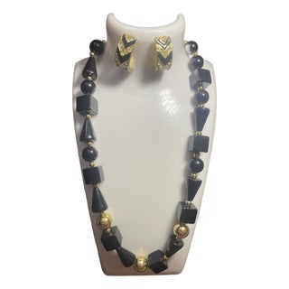 1980s Trifari Demi-Parure (Matching Necklace and Pierceless/Post Hoop Earring Set) Showcasing Bold Geometric Art Deco Revival Styling. For Sale
