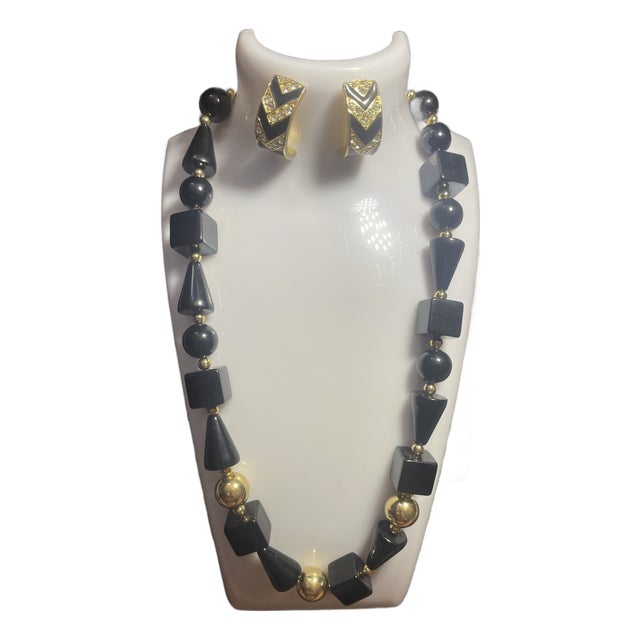 1980s Trifari Demi-Parure (Matching Necklace and Pierceless/Post Hoop Earring Set) Showcasing Bold Geometric Art Deco Revival Styling. For Sale