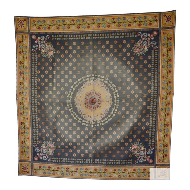 Flemish Tapestry Wall Hanging Aubusson Style Printed Cotton Floral Medallion 40s For Sale