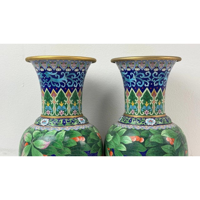 Pair of Chinese Cloisonne Enamel Vases Blue Ground With Red Berries For Sale - Image 10 of 12