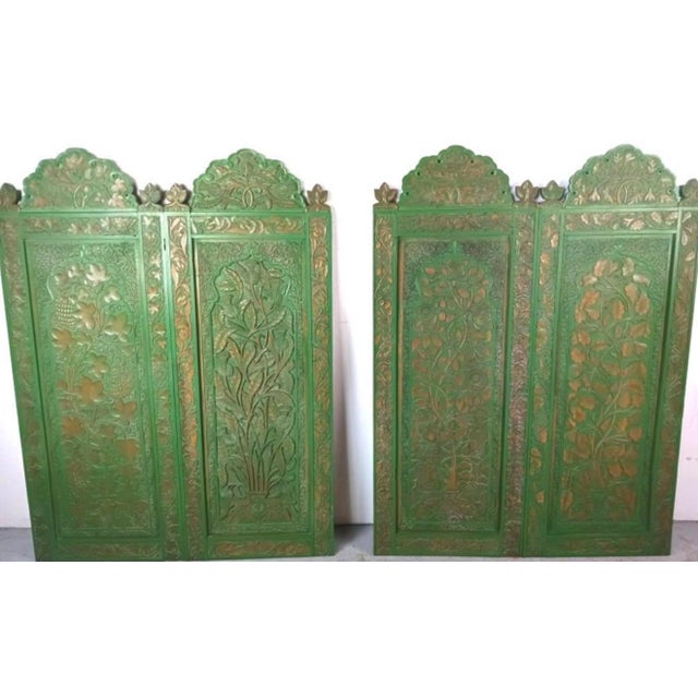 Group of 4 Carved Green Wood Panels 4 together: make a great screen or wall decor Probably from India. 63"h x 94"w...