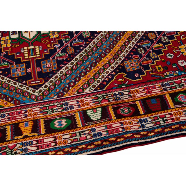 Vintage Handmade Shiraz Red Geometric Wool Rug 6'8" X 9'11" For Sale In New York - Image 6 of 12