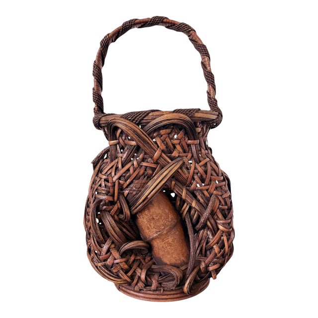 Large Antique Japanese Smoked Bamboo Basket Ikebana Mingei For Sale