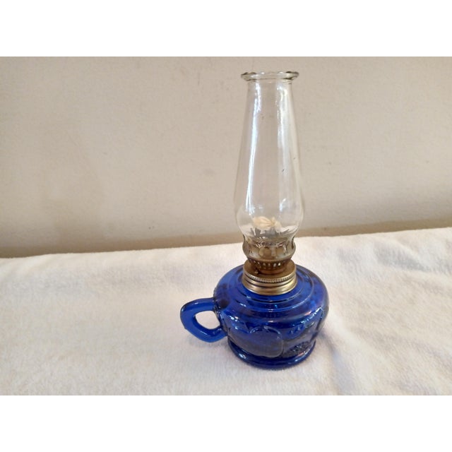 Vintage Kerosene Oil Lamp Cobalt Blue Embossed Fruit Pattern For Sale - Image 4 of 7