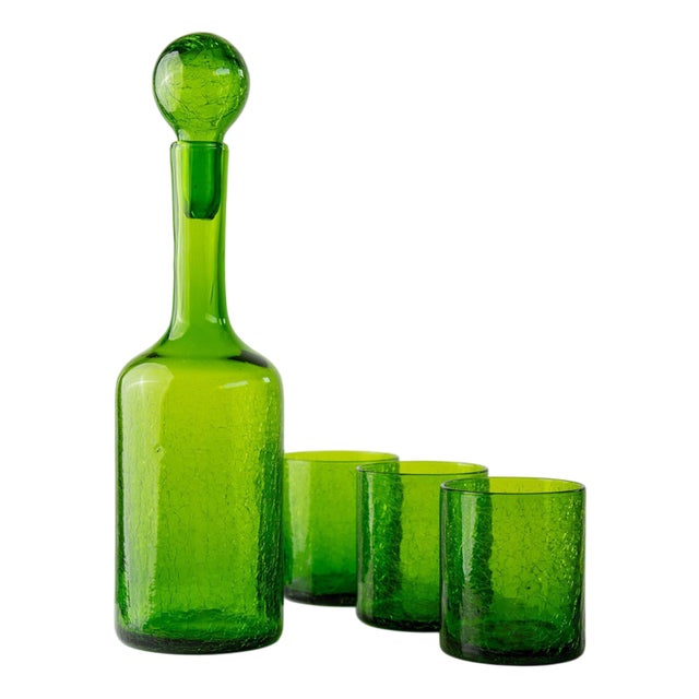 Vintage Green Crackle Murano Glass Decanter and Glasses, Italy, 1960s, Set of 4 For Sale