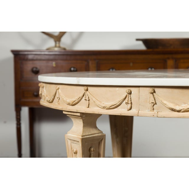 Cream Mid 20th Century Italian Vintage Neoclassical Style Pine Dining Table with Marble Top and Swags For Sale - Image 8 of 12