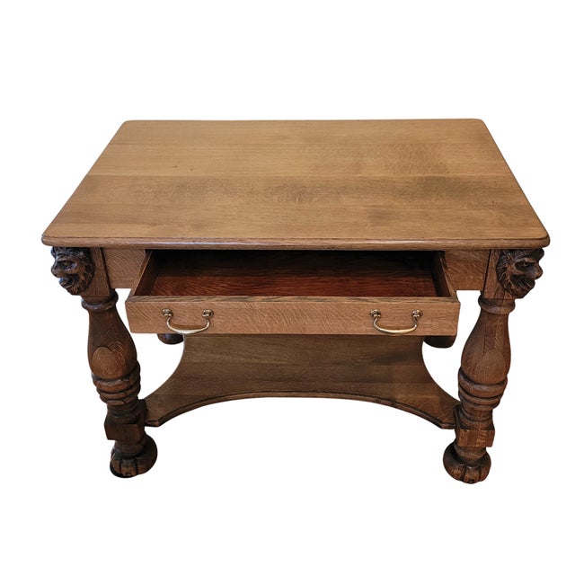 Antique American Oak Library Table With Carved Lion’s Heads, Late 19th–Early 20th Century For Sale - Image 4 of 10