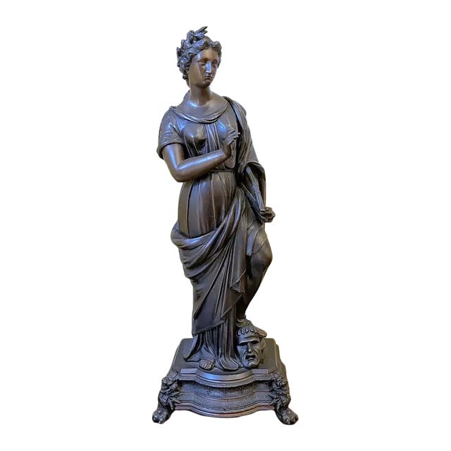 Mid 20th Century Large Neoclassical Allegorical Figure With Tragedy Mask, Bronze-Finished Spelter Sculpture For Sale