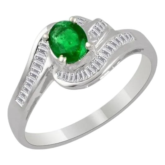 Natural Brazilian Emerald & Diamond Ring 18 Karat White Gold For Sale