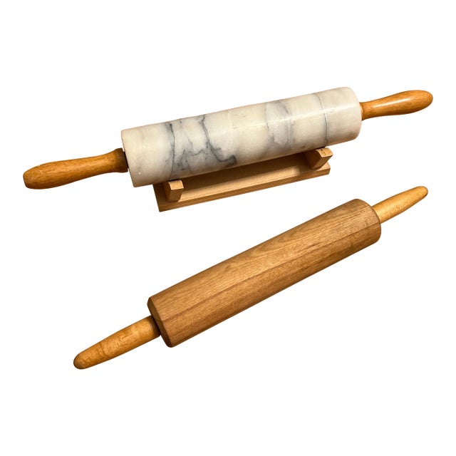 Pair of Vintage Rolling Pins and Marble Pin For Sale