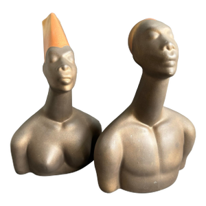 California Pottery Male & Female Tribal Bust Brayton Laguna Attributed a Pair