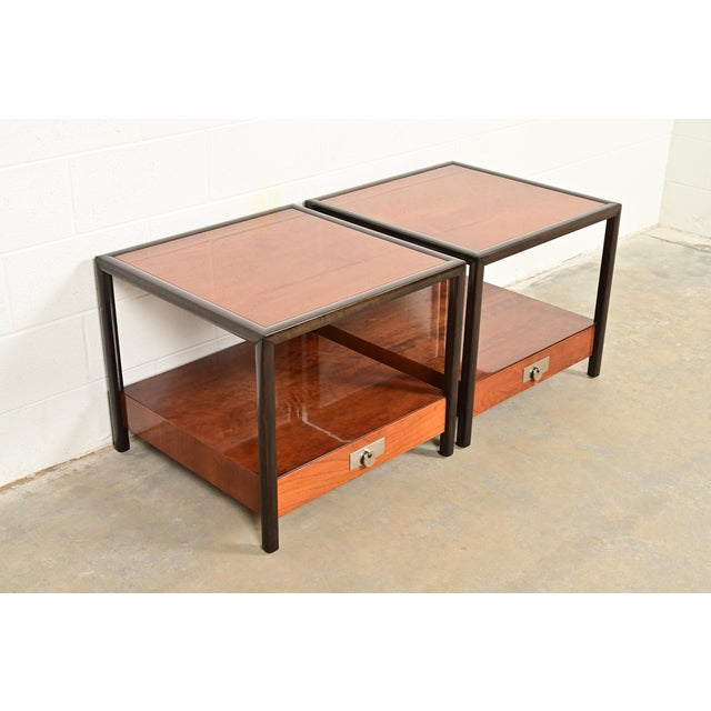 Baker Furniture Company Michael Taylor for Baker Furniture Mid-Century Hollywood Regency Cherry Wood Nightstands or End Tables, Pair For Sale - Image 4 of 14