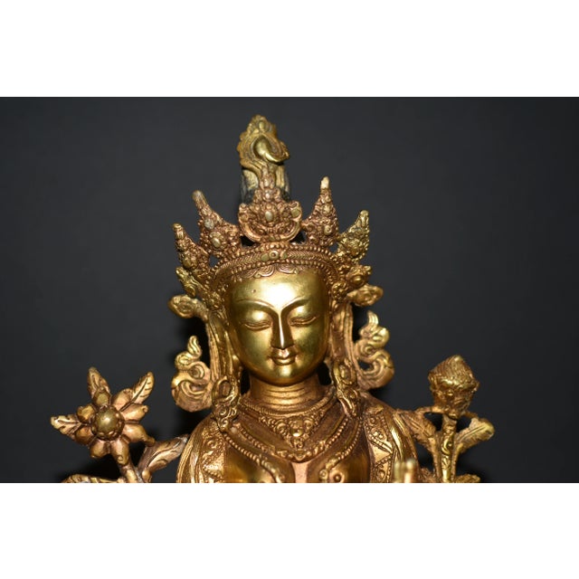 Mid 20th Century Gilt Bronze Tibetan Green Tara Statue For Sale - Image 5 of 13